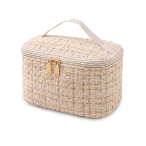 Lattice Fabric Cosmetic Bag Mid Size Light White