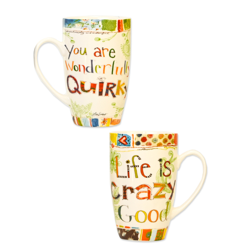 Low Qty- Dual Ceramic Mug Set Lifes Good Crazy Wonderfully Quirky 3GTM4182