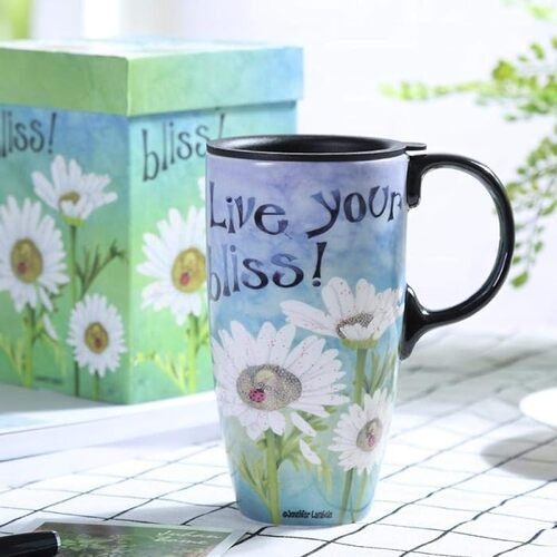 Ceramic Travel Cup Gift boxed Live your bliss Sunflower