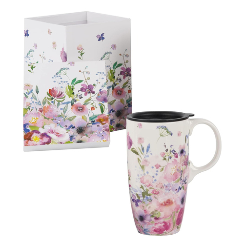 Ceramic Travel Cup Gift boxed Pink Flowers