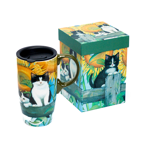 Ceramic Travel Mug Sunflower Cat with matching Gift Box