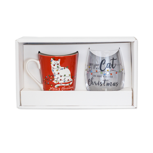 Stemless Wine Glass and Ceramic cup gift set Cat Christmas