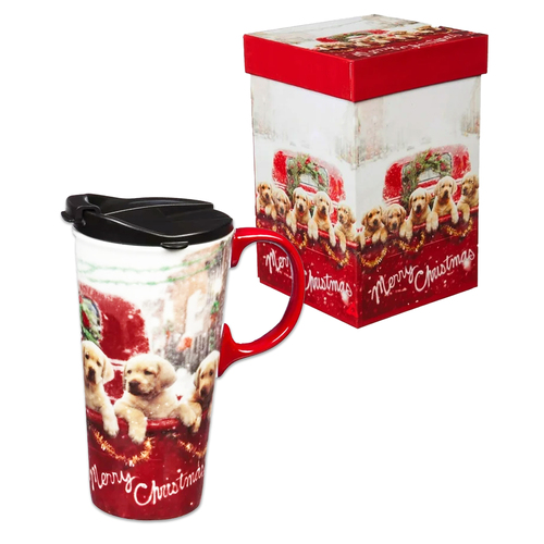 Ceramic Travel Cup Gift Boxed Xmas puppys 